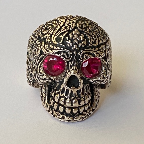 Other - 925 sterling silver bike biker skull ring red cz